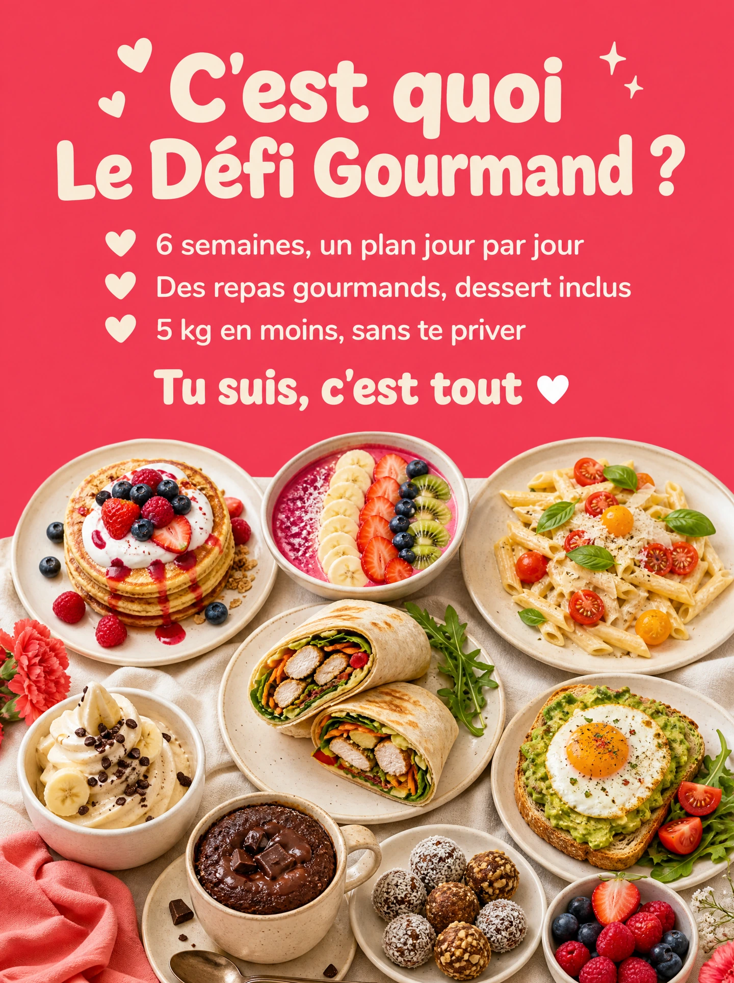 C'est quoi Le Défi Gourmand ? 6 semaines, un plan jour par jour, repas gourmands dessert inclus, 5 kg en moins sans te priver